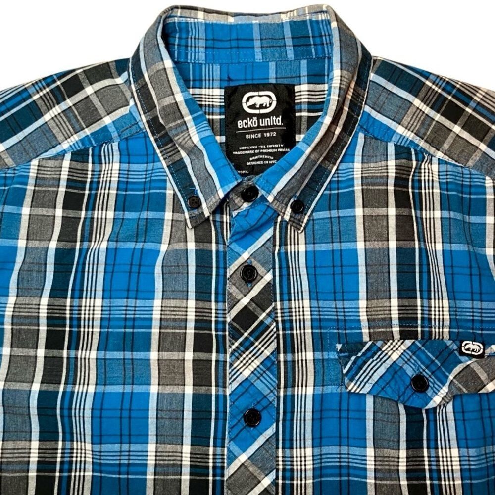 Ecko Unlimited Plaid Short Sleeve Shirt in Blue/Black/White Men’s M